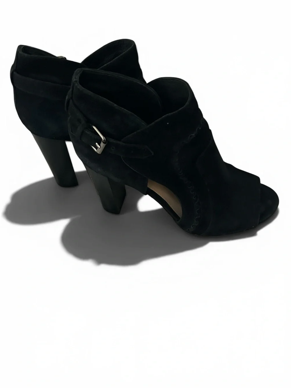 Vince Camuto Black Suede Conley Peep Toe Heels Buckle Size 8